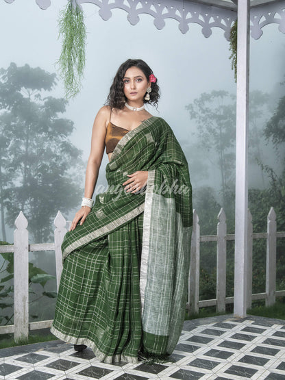 Green Linen Silver Check Body with Silver Border & Pallu Bengal Handwoven Saree