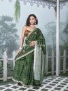 Green Linen Silver Check Body with Silver Border & Pallu Bengal Handwoven Saree