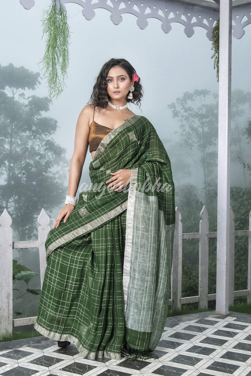 Green Linen Silver Check Body with Silver Border & Pallu Bengal Handwoven Saree