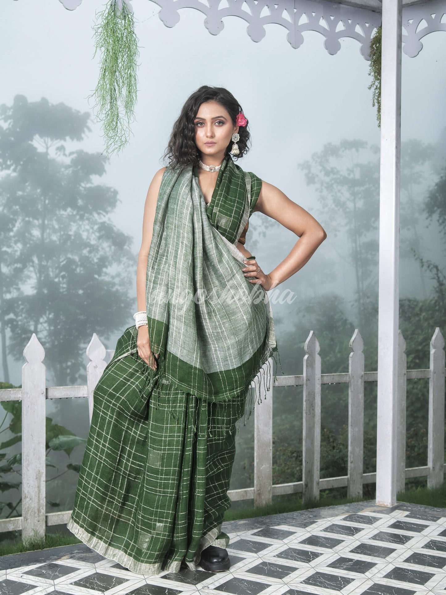 Green Linen Silver Check Body with Silver Border & Pallu Bengal Handwoven Saree