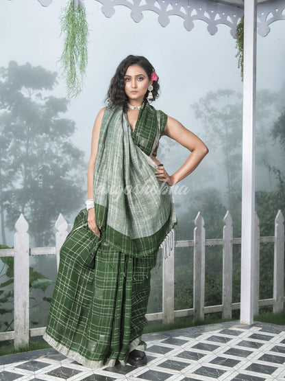 Green Linen Silver Check Body with Silver Border & Pallu Bengal Handwoven Saree