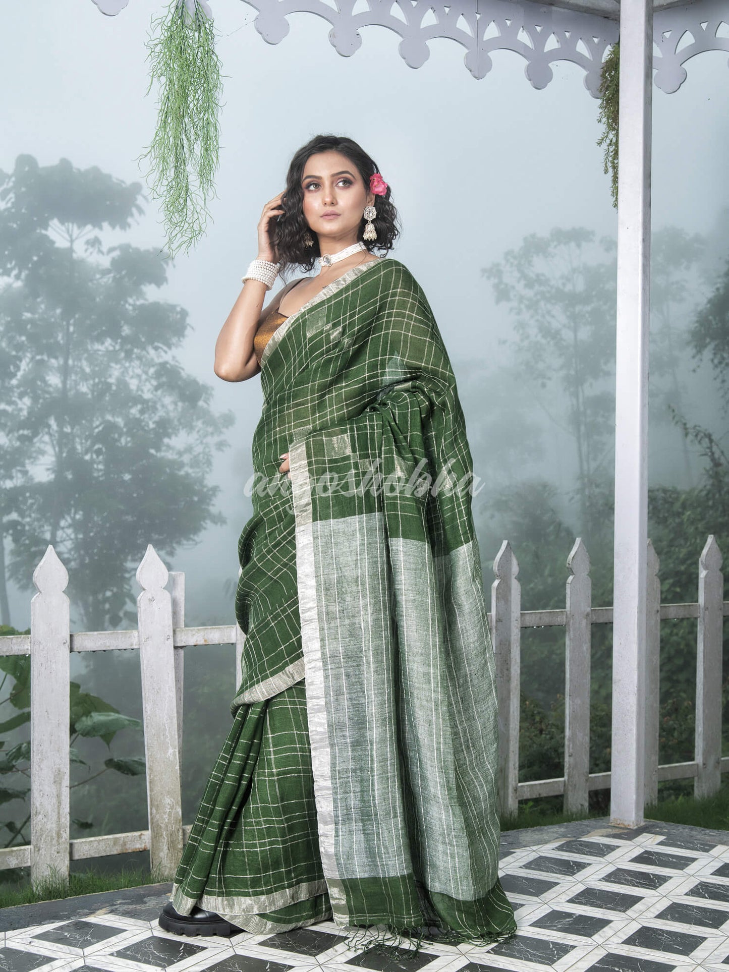 Green Linen Silver Check Body with Silver Border & Pallu Bengal Handwoven Saree