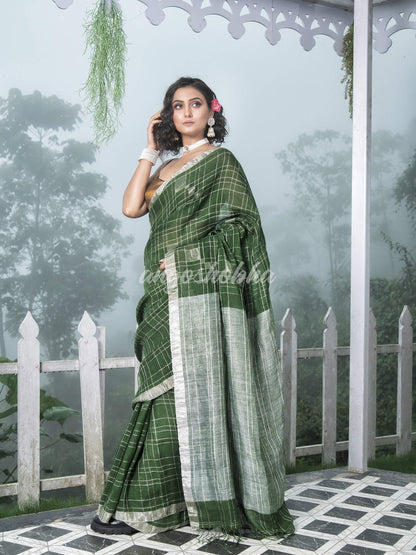 Green Linen Silver Check Body with Silver Border & Pallu Bengal Handwoven Saree