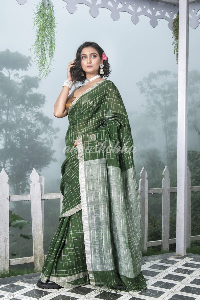Green Linen Silver Check Body with Silver Border & Pallu Bengal Handwoven Saree