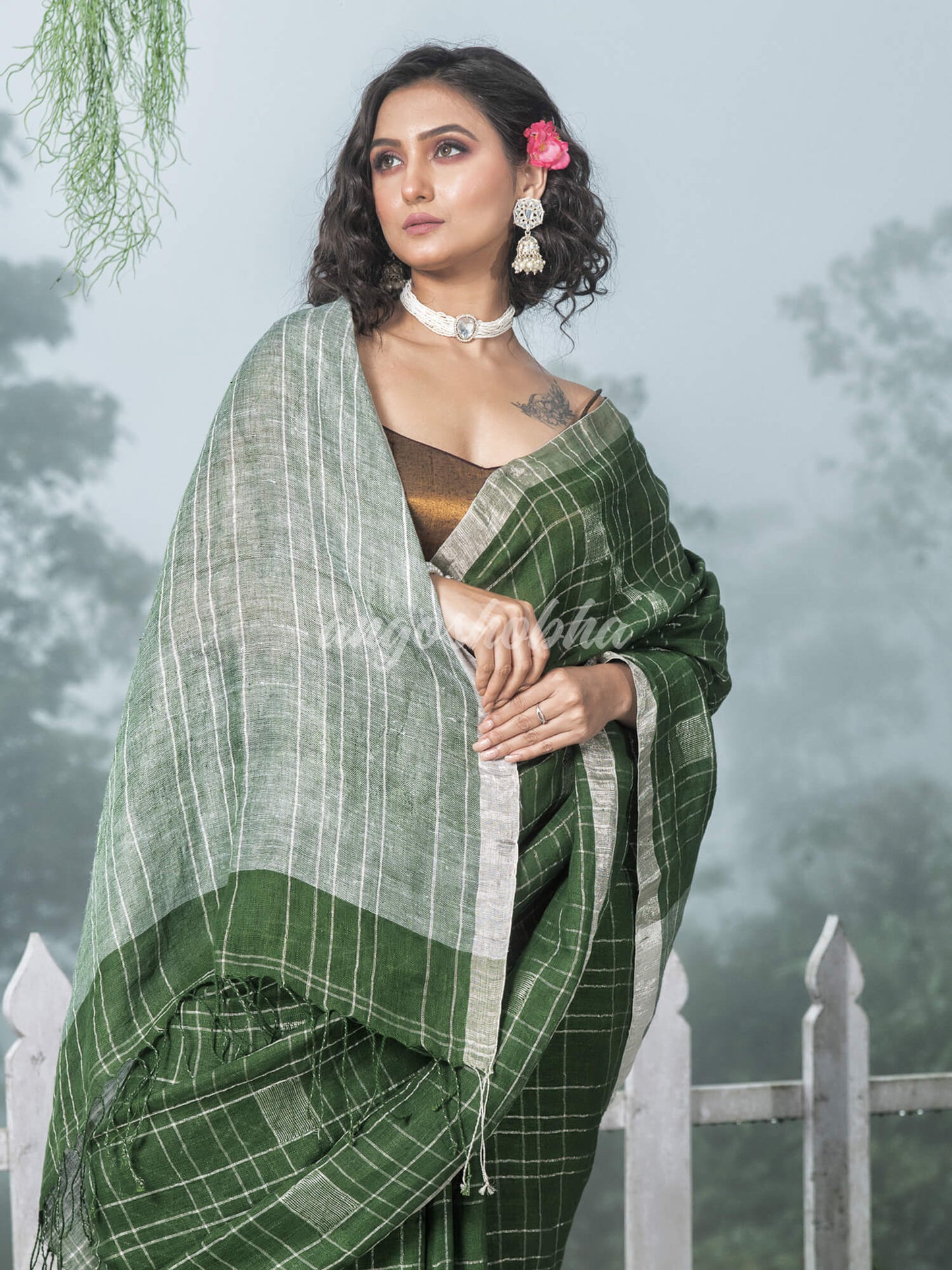 Green Linen Silver Check Body with Silver Border & Pallu Bengal Handwoven Saree