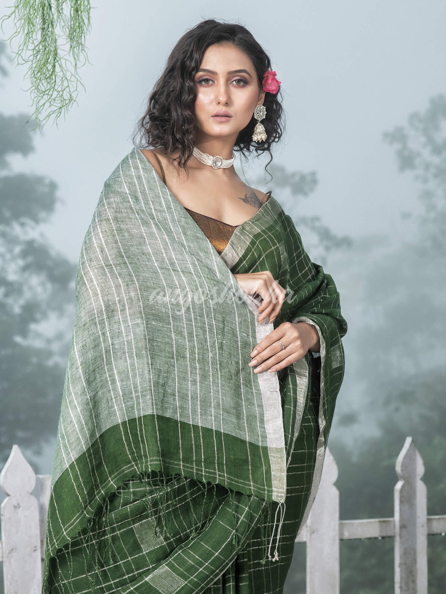 Green Linen Silver Check Body with Silver Border & Pallu Bengal Handwoven Saree