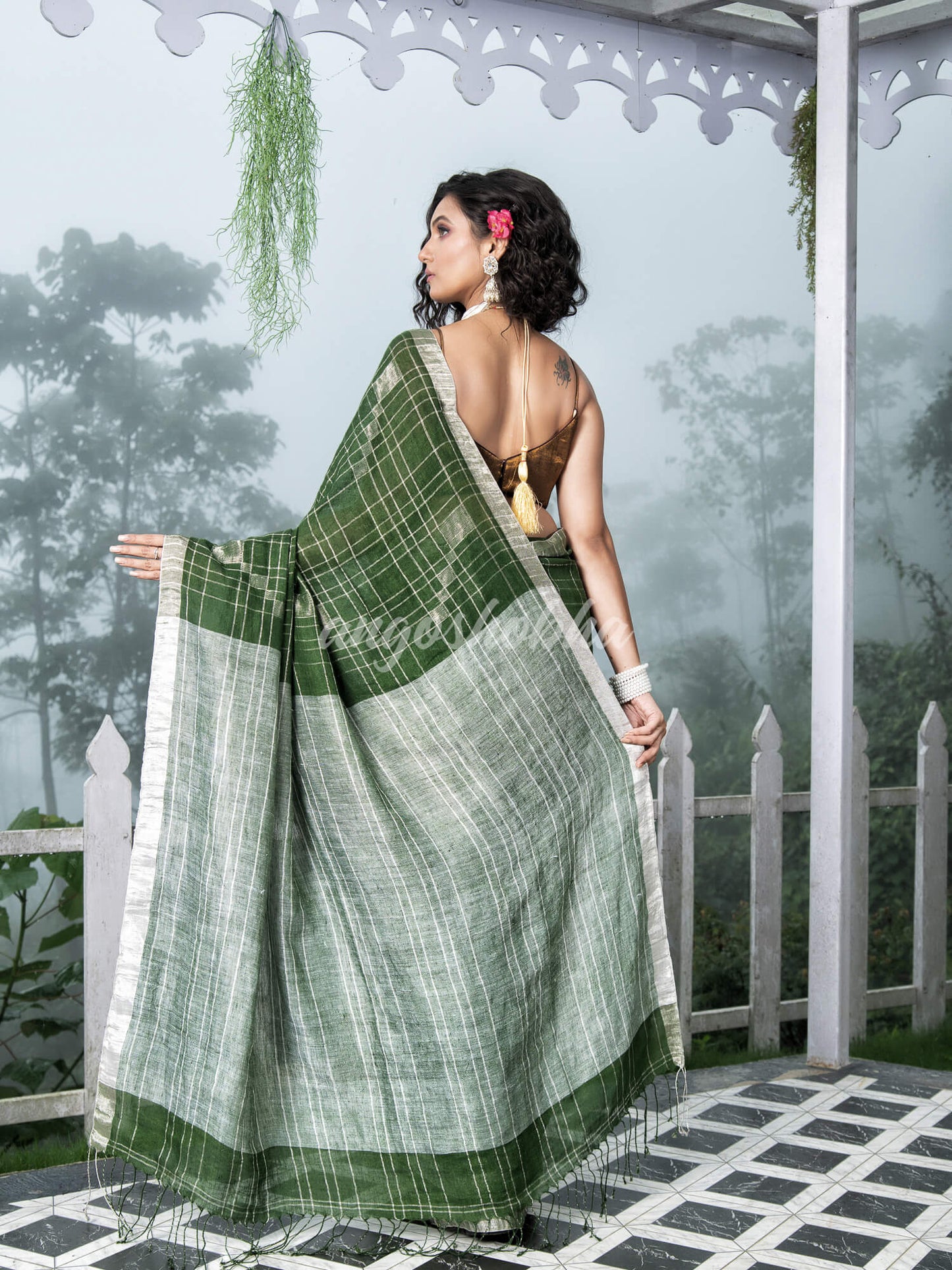 Green Linen Silver Check Body with Silver Border & Pallu Bengal Handwoven Saree