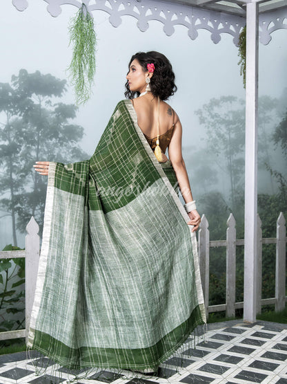 Green Linen Silver Check Body with Silver Border & Pallu Bengal Handwoven Saree