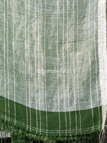 Green Linen Silver Check Body with Silver Border & Pallu Bengal Handwoven Saree