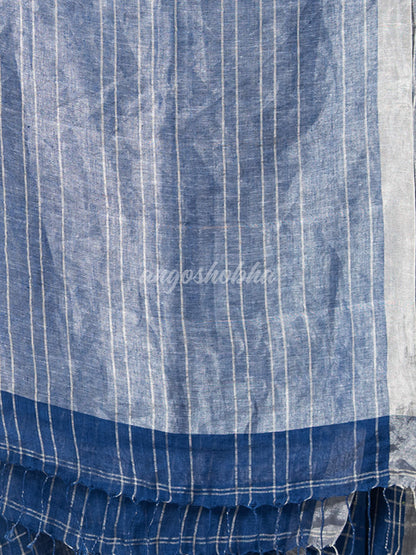 Blue Linen Silver Check Body with Silver Border & Pallu Bengal Handwoven Saree