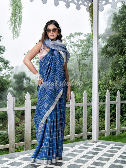 Blue Linen Silver Check Body with Silver Border & Pallu Bengal Handwoven Saree