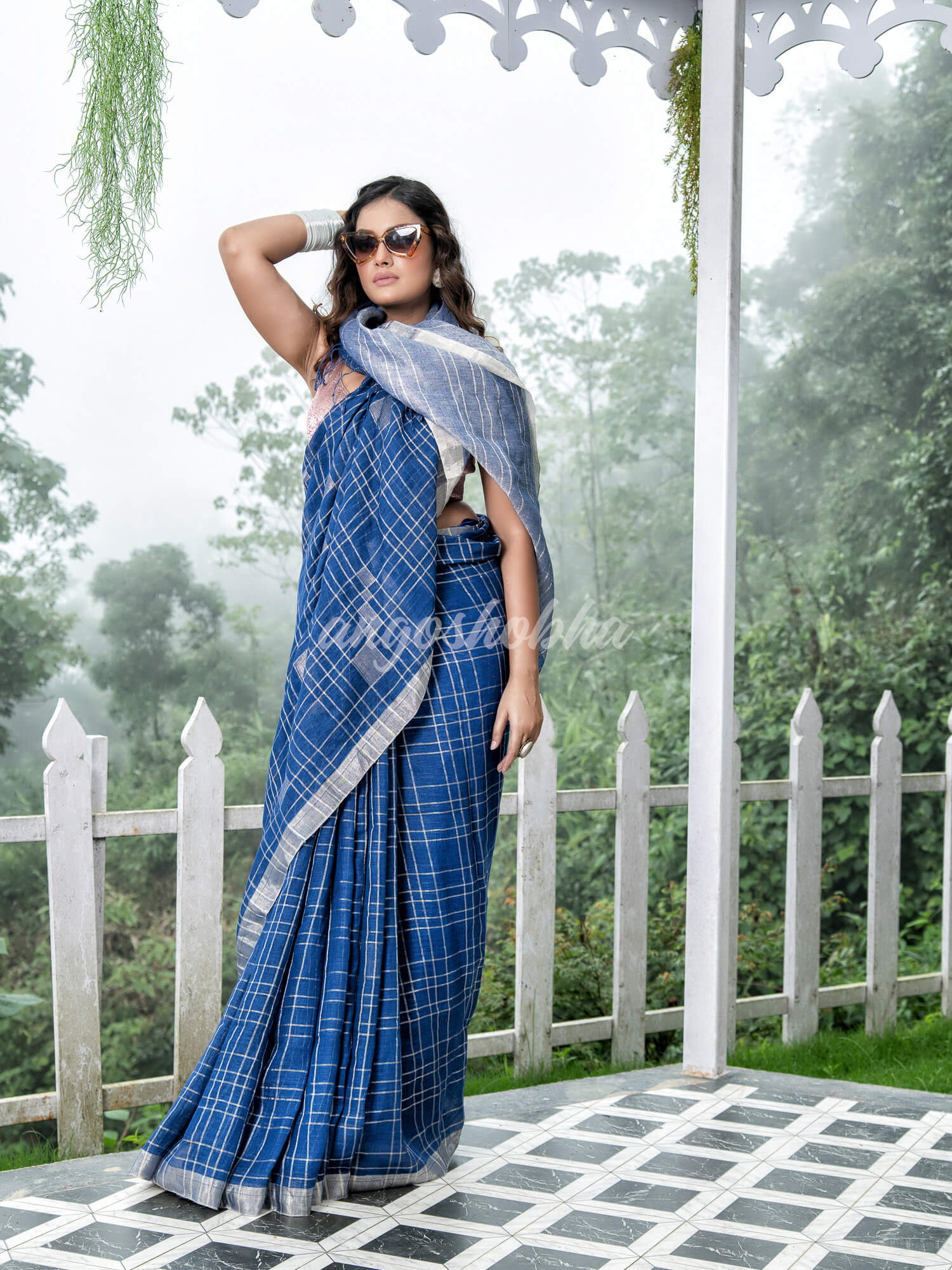 Blue Linen Silver Check Body with Silver Border & Pallu Bengal Handwoven Saree