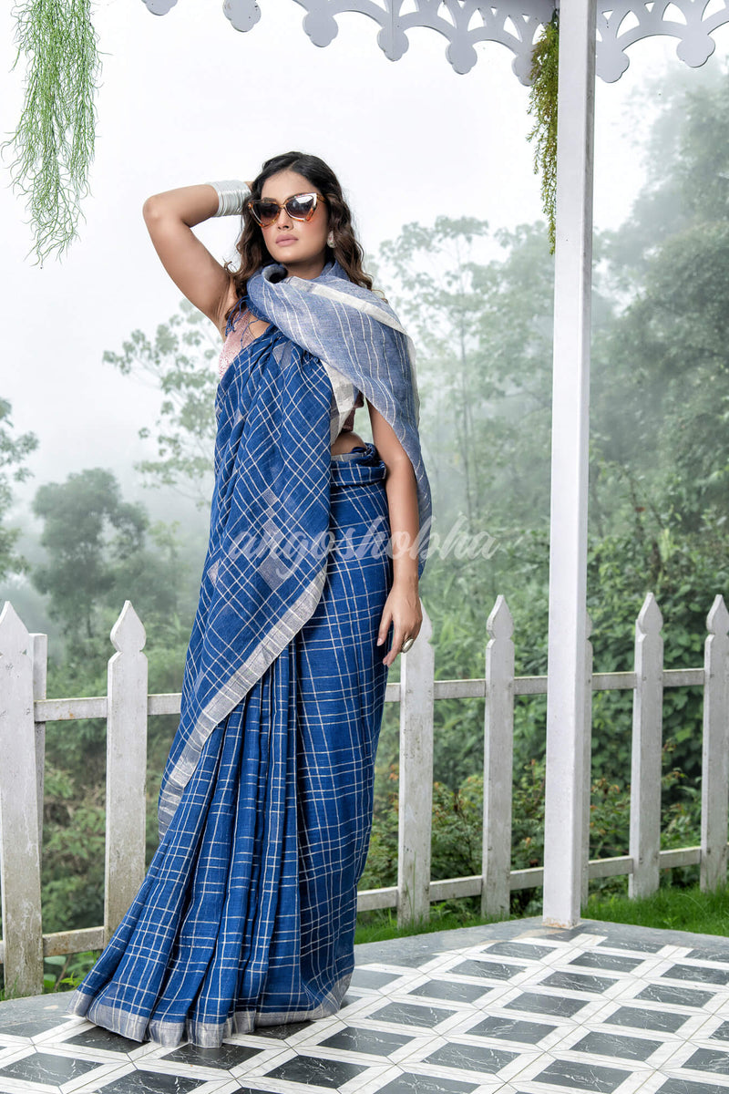 Blue Linen Silver Check Body with Silver Border & Pallu Bengal Handwoven Saree