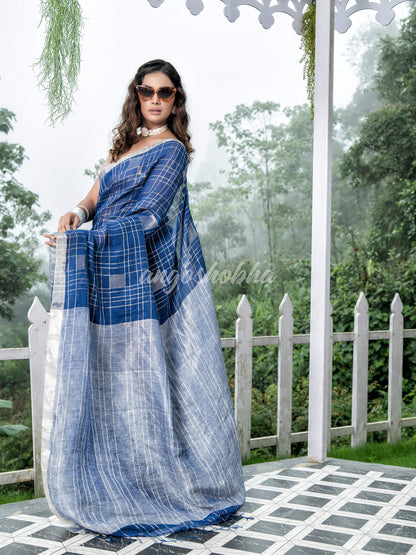 Blue Linen Silver Check Body with Silver Border & Pallu Bengal Handwoven Saree