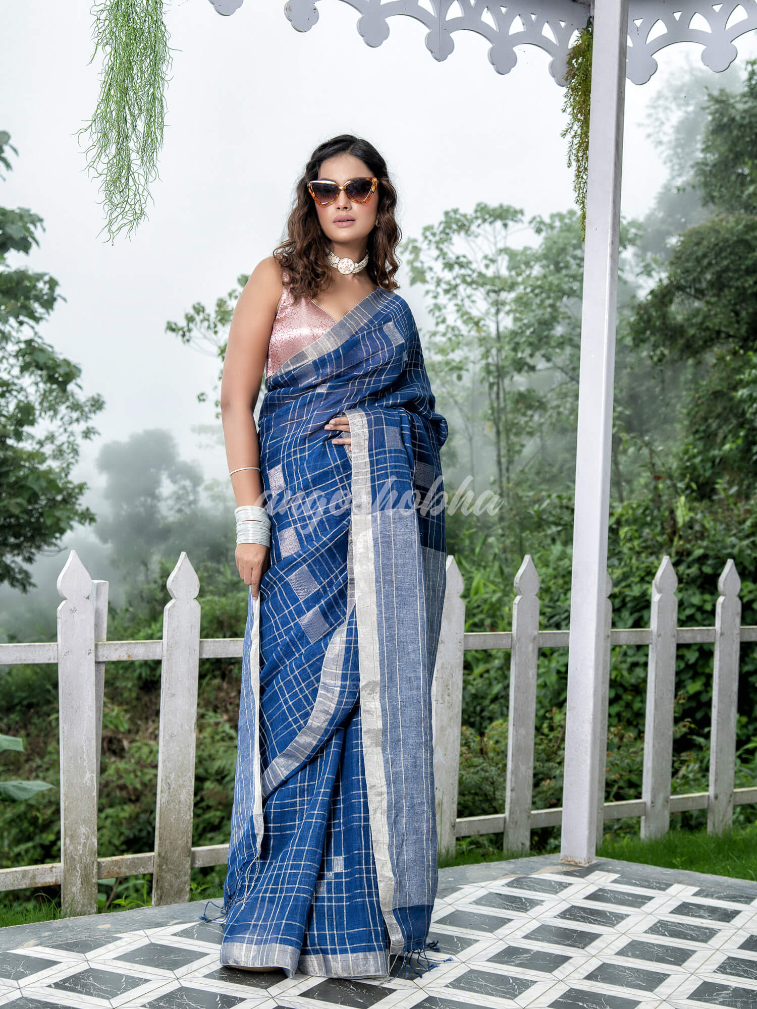 Blue Linen Silver Check Body with Silver Border & Pallu Bengal Handwoven Saree