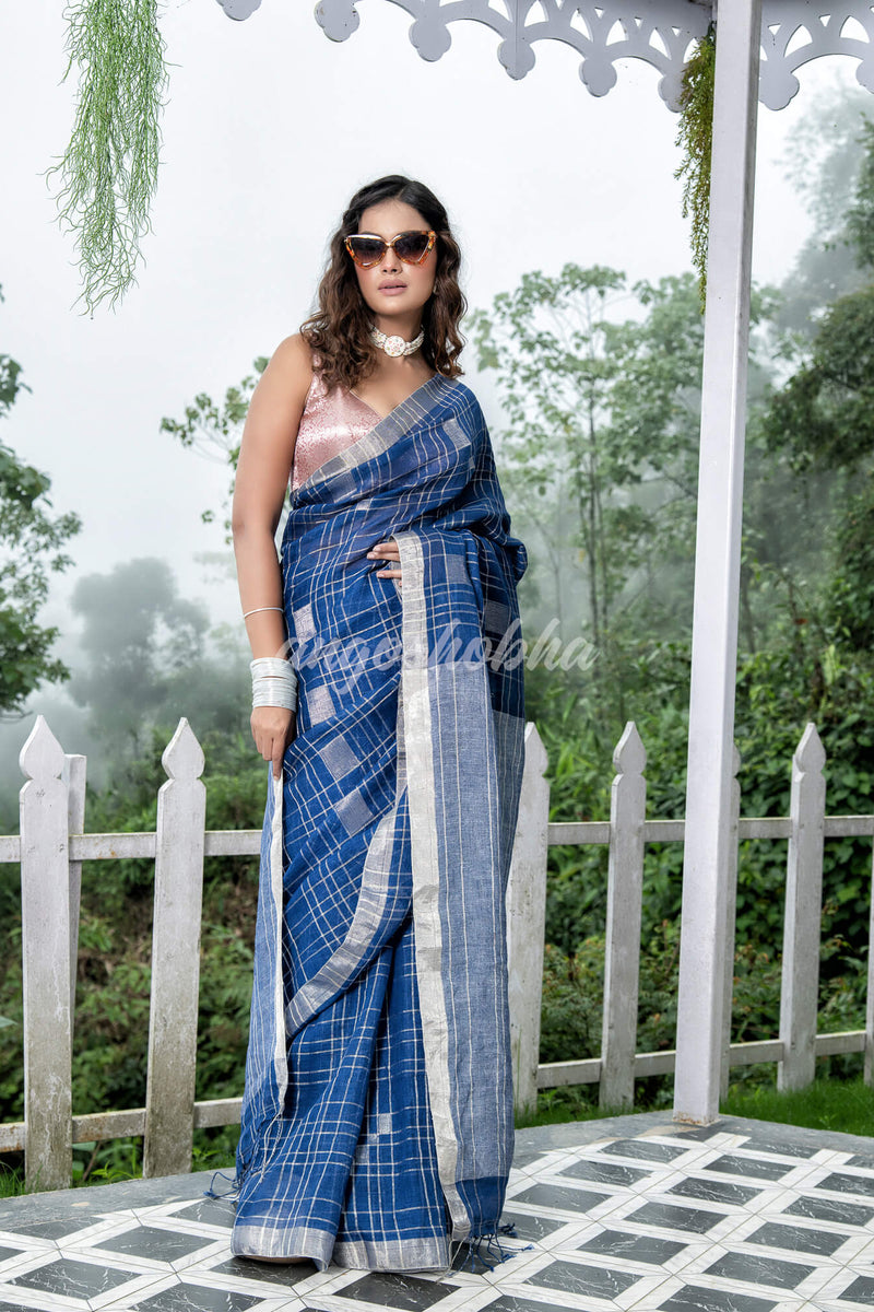 Blue Linen Silver Check Body with Silver Border & Pallu Bengal Handwoven Saree