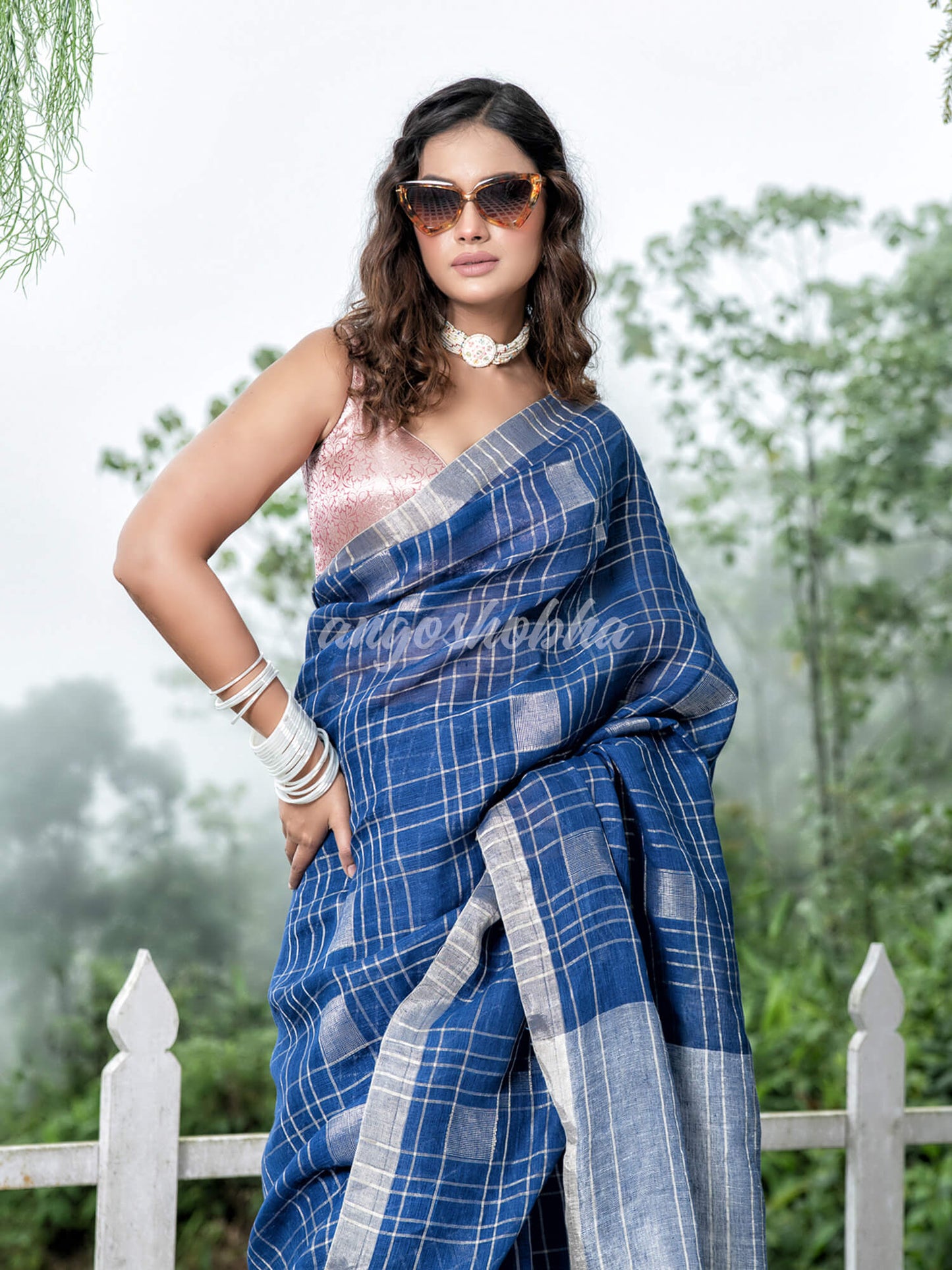 Blue Linen Silver Check Body with Silver Border & Pallu Bengal Handwoven Saree
