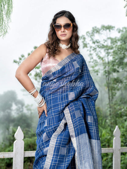 Blue Linen Silver Check Body with Silver Border & Pallu Bengal Handwoven Saree
