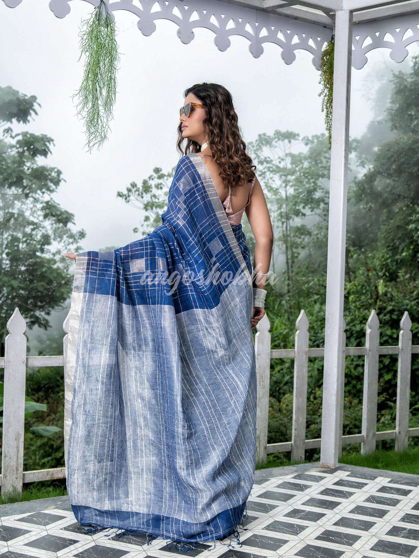 Blue Linen Silver Check Body with Silver Border & Pallu Bengal Handwoven Saree
