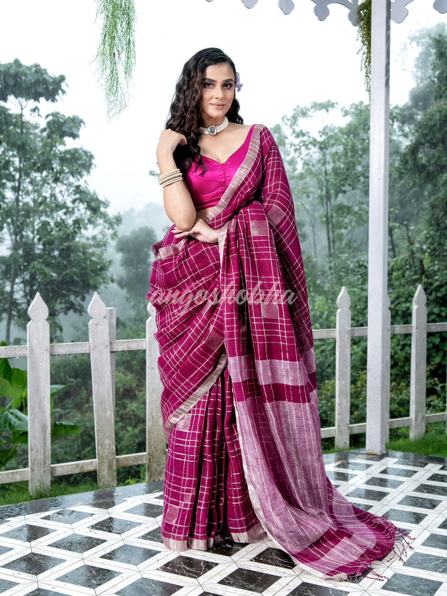 Magenta Linen Silver Check Body with Silver Border & Pallu Bengal Handwoven Saree