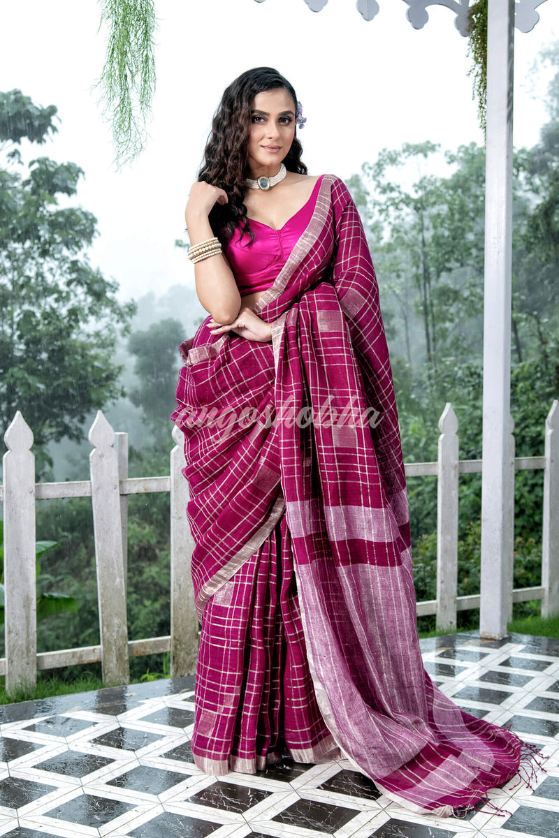 Magenta Linen Silver Check Body with Silver Border & Pallu Bengal Handwoven Saree
