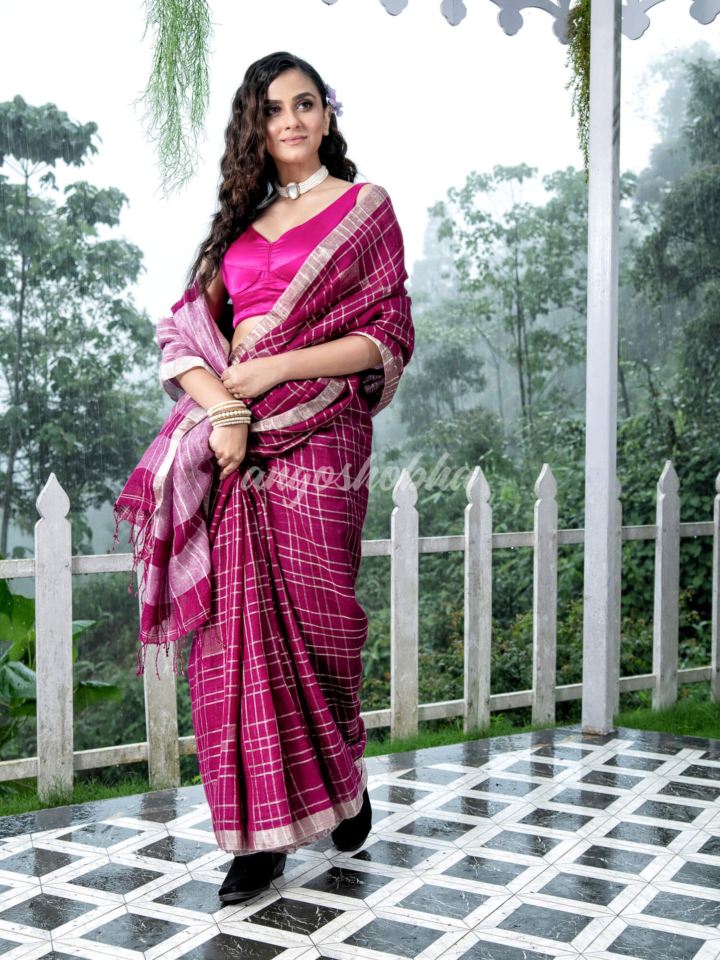Magenta Linen Silver Check Body with Silver Border & Pallu Bengal Handwoven Saree