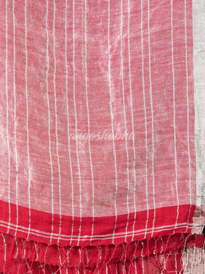 Red Linen Silver Check Body with Silver Border & Pallu Bengal Handwoven Saree