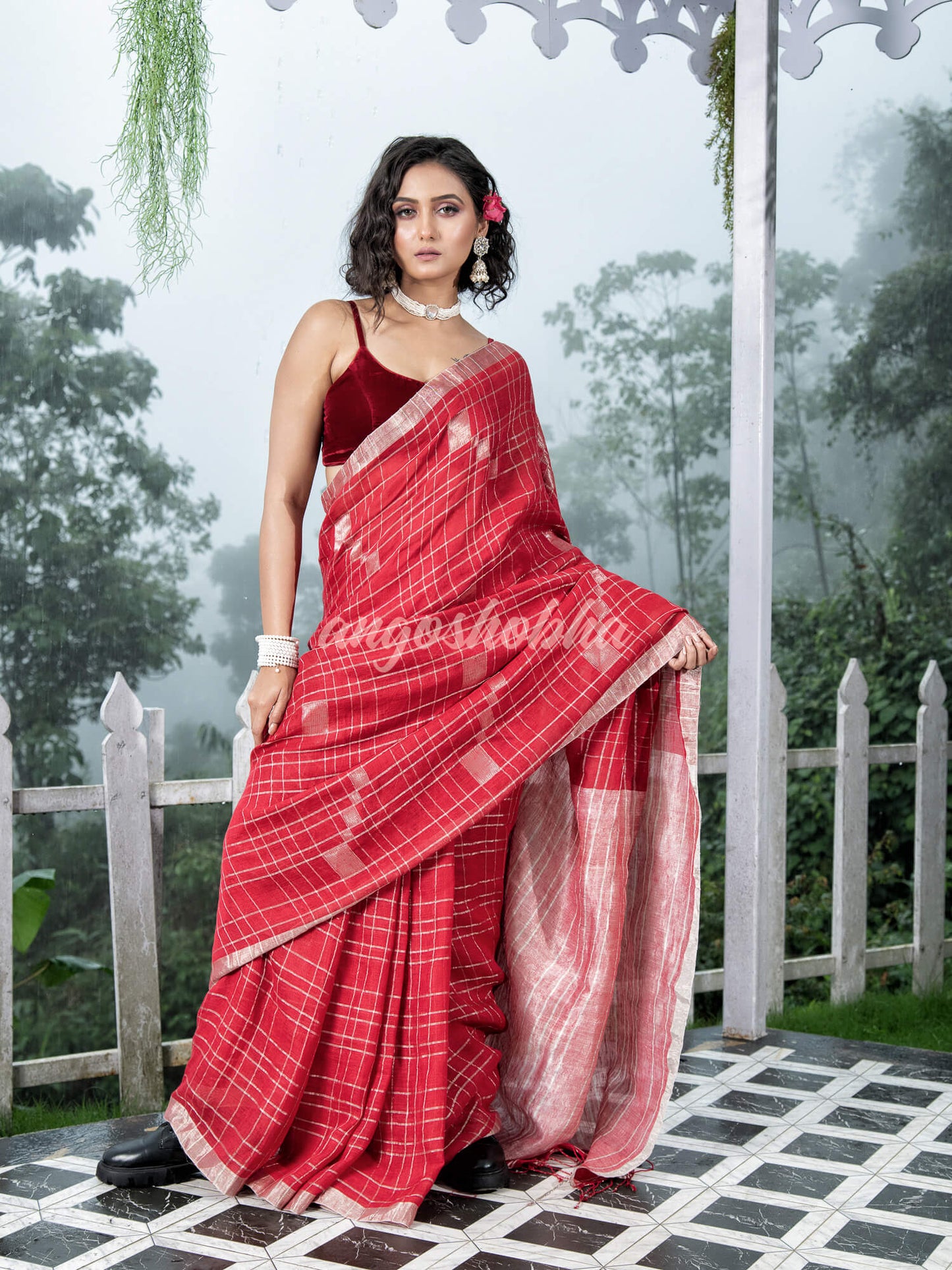 Red Linen Silver Check Body with Silver Border & Pallu Bengal Handwoven Saree