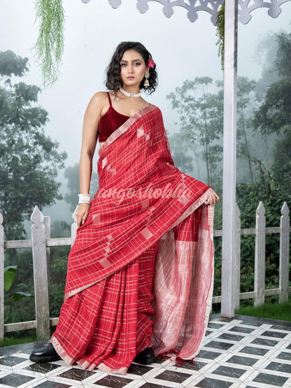 Red Linen Silver Check Body with Silver Border & Pallu Bengal Handwoven Saree