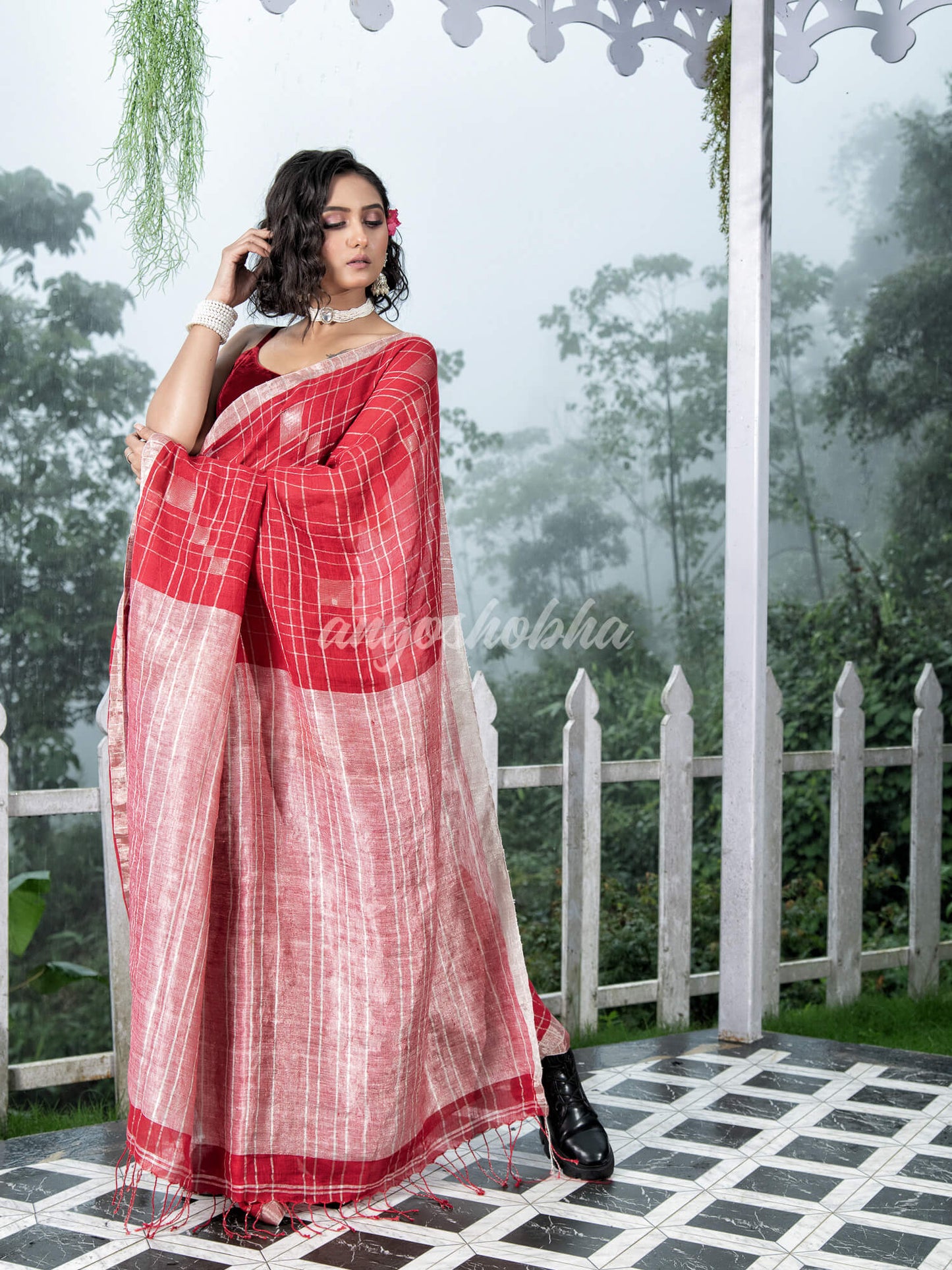 Red Linen Silver Check Body with Silver Border & Pallu Bengal Handwoven Saree