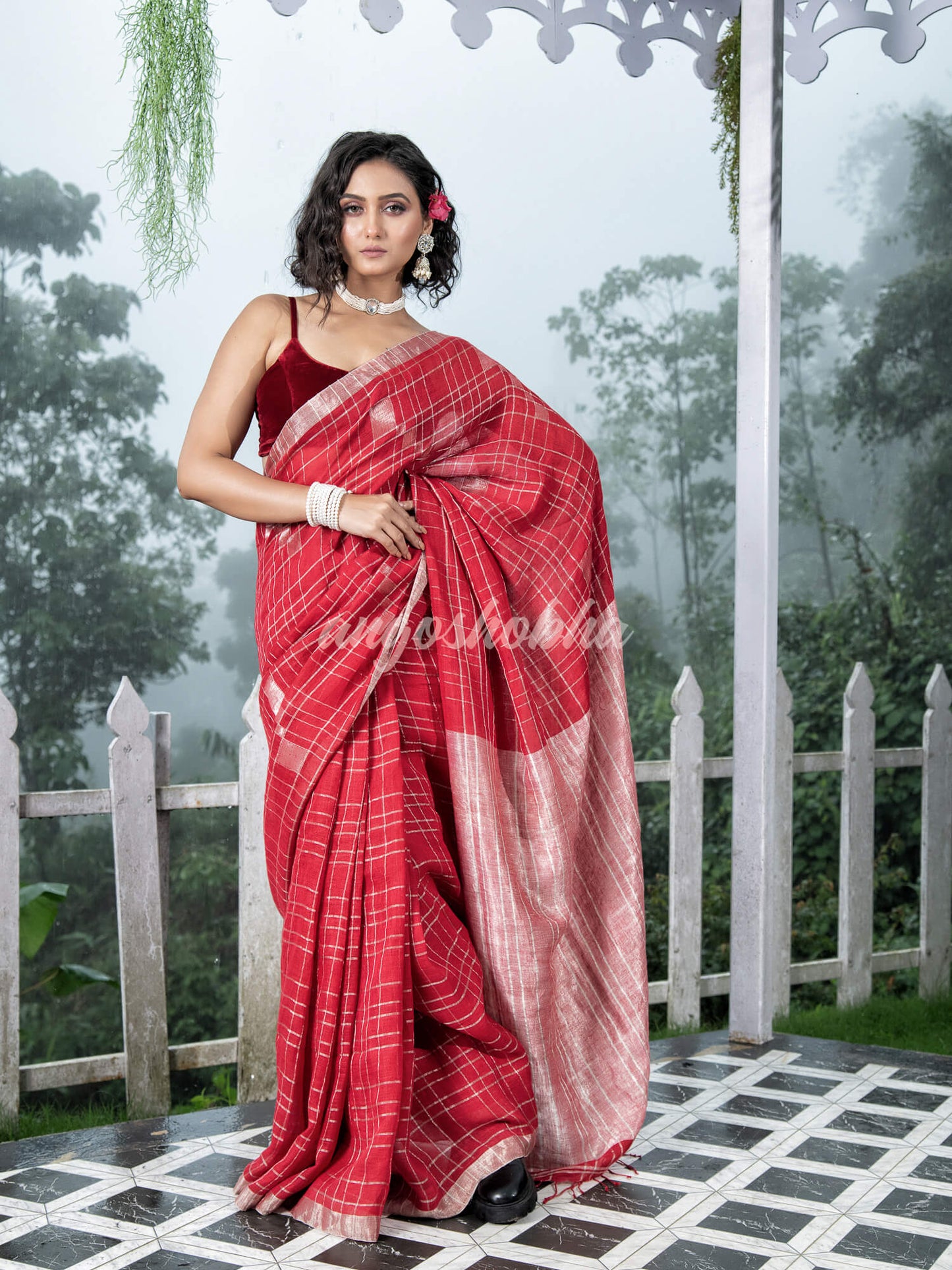 Red Linen Silver Check Body with Silver Border & Pallu Bengal Handwoven Saree