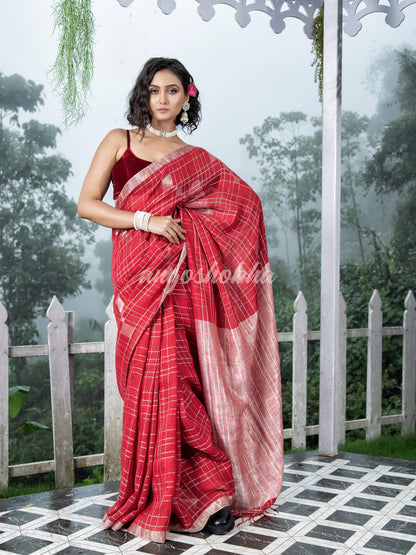 Red Linen Silver Check Body with Silver Border & Pallu Bengal Handwoven Saree
