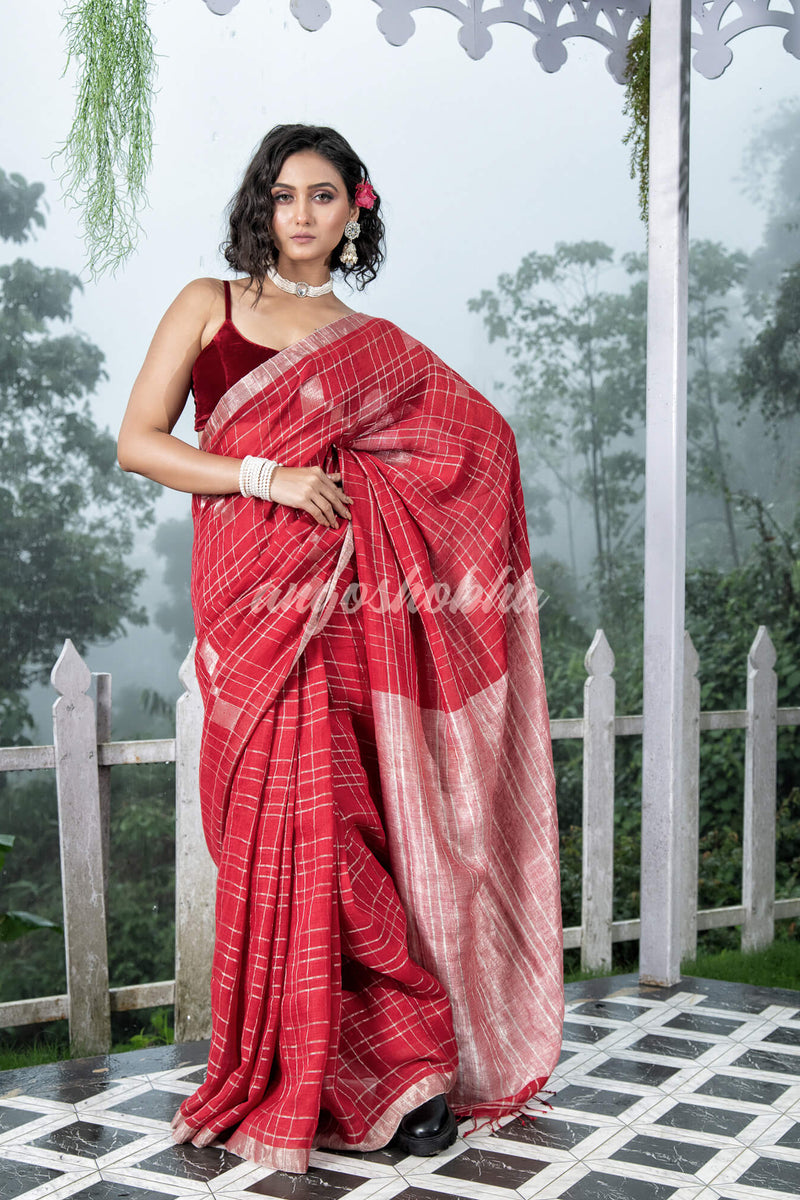 Red Linen Silver Check Body with Silver Border & Pallu Bengal Handwoven Saree