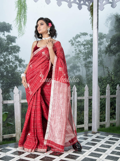 Red Linen Silver Check Body with Silver Border & Pallu Bengal Handwoven Saree