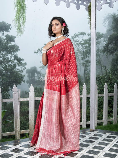 Red Linen Silver Check Body with Silver Border & Pallu Bengal Handwoven Saree