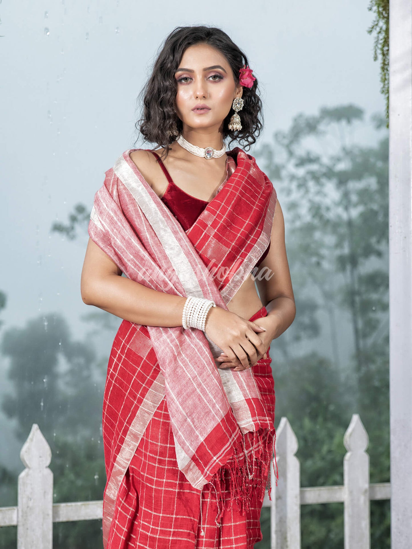 Red Linen Silver Check Body with Silver Border & Pallu Bengal Handwoven Saree