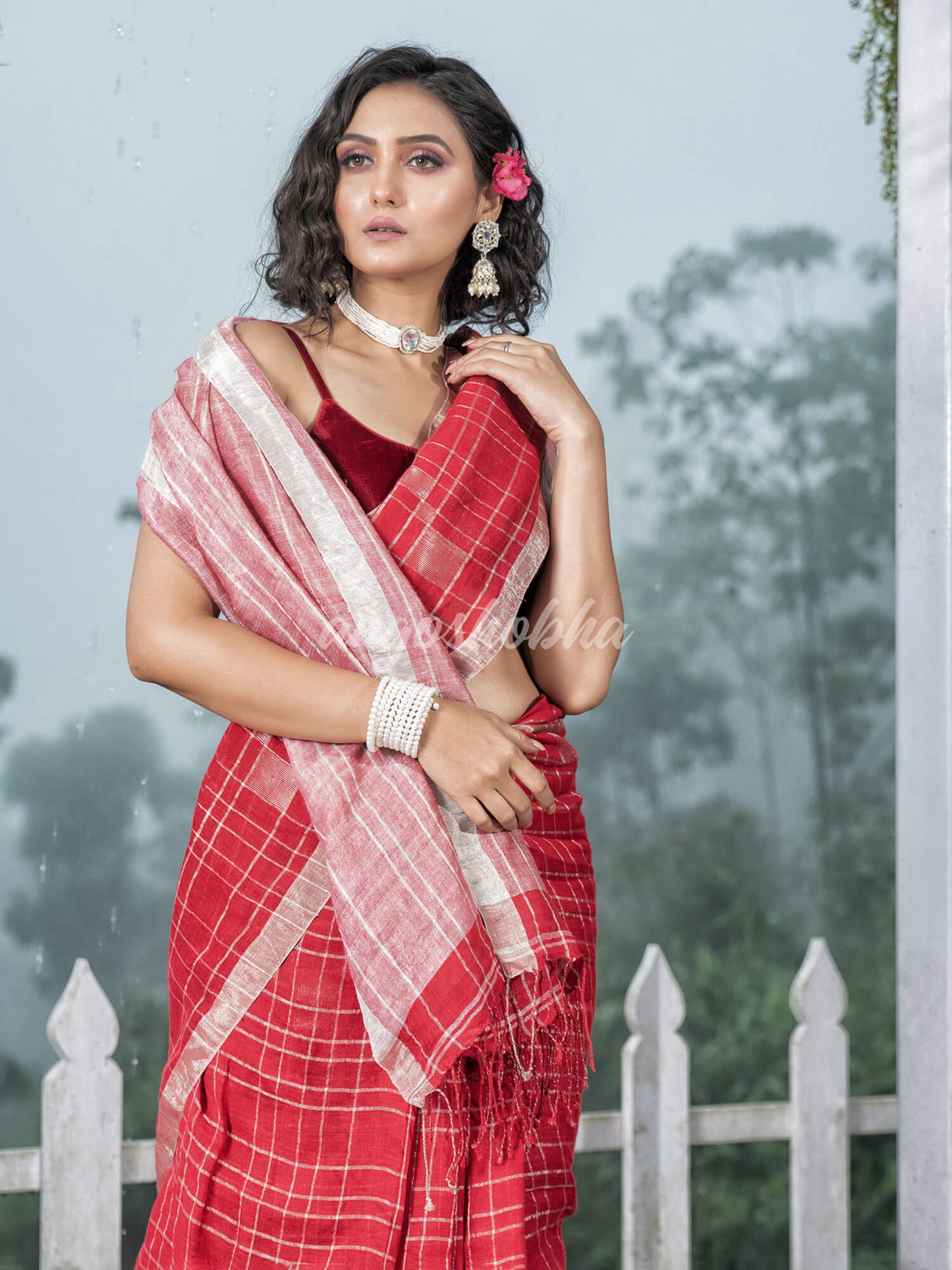Red Linen Silver Check Body with Silver Border & Pallu Bengal Handwoven Saree