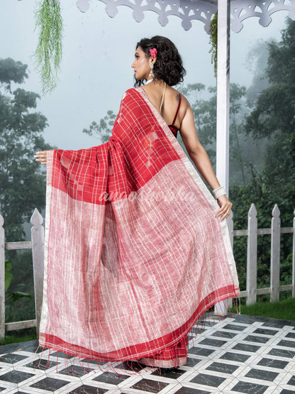 Red Linen Silver Check Body with Silver Border & Pallu Bengal Handwoven Saree