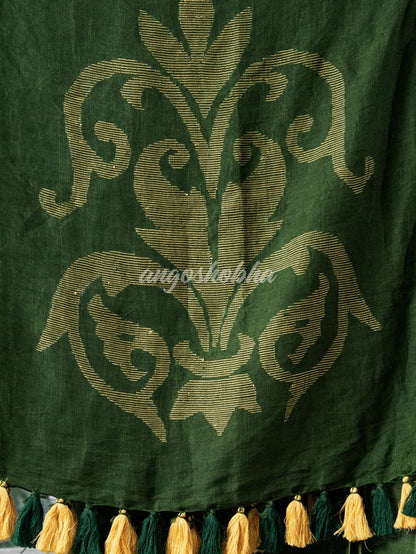 Bottle Green Jamdani Handwoven Linen Saree