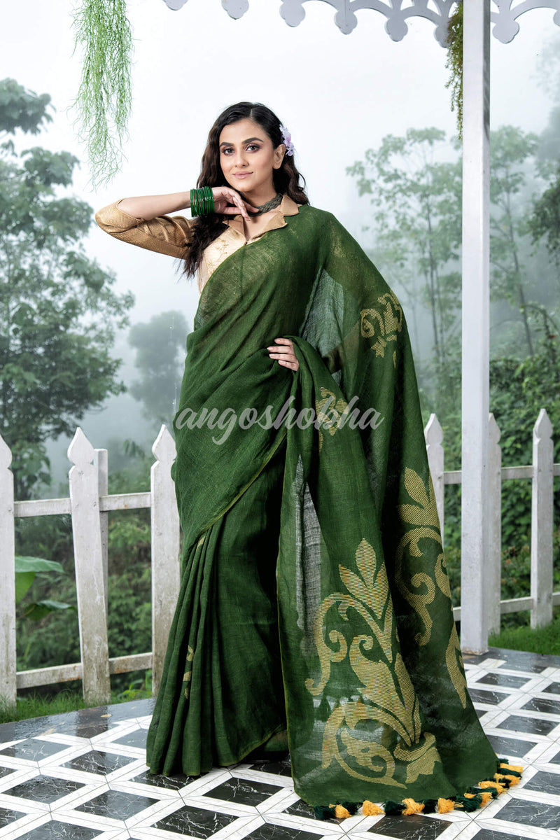Bottle Green Jamdani Handwoven Linen Saree