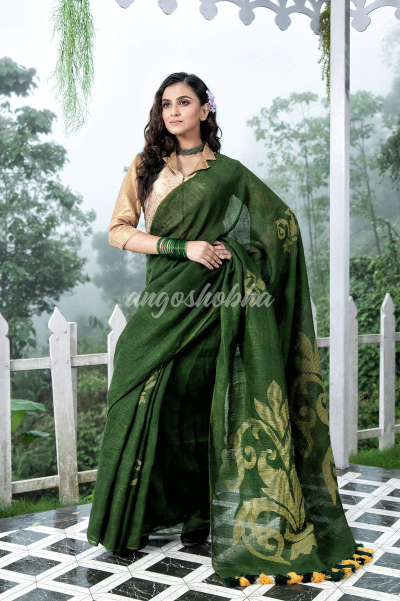 Bottle Green Jamdani Handwoven Linen Saree
