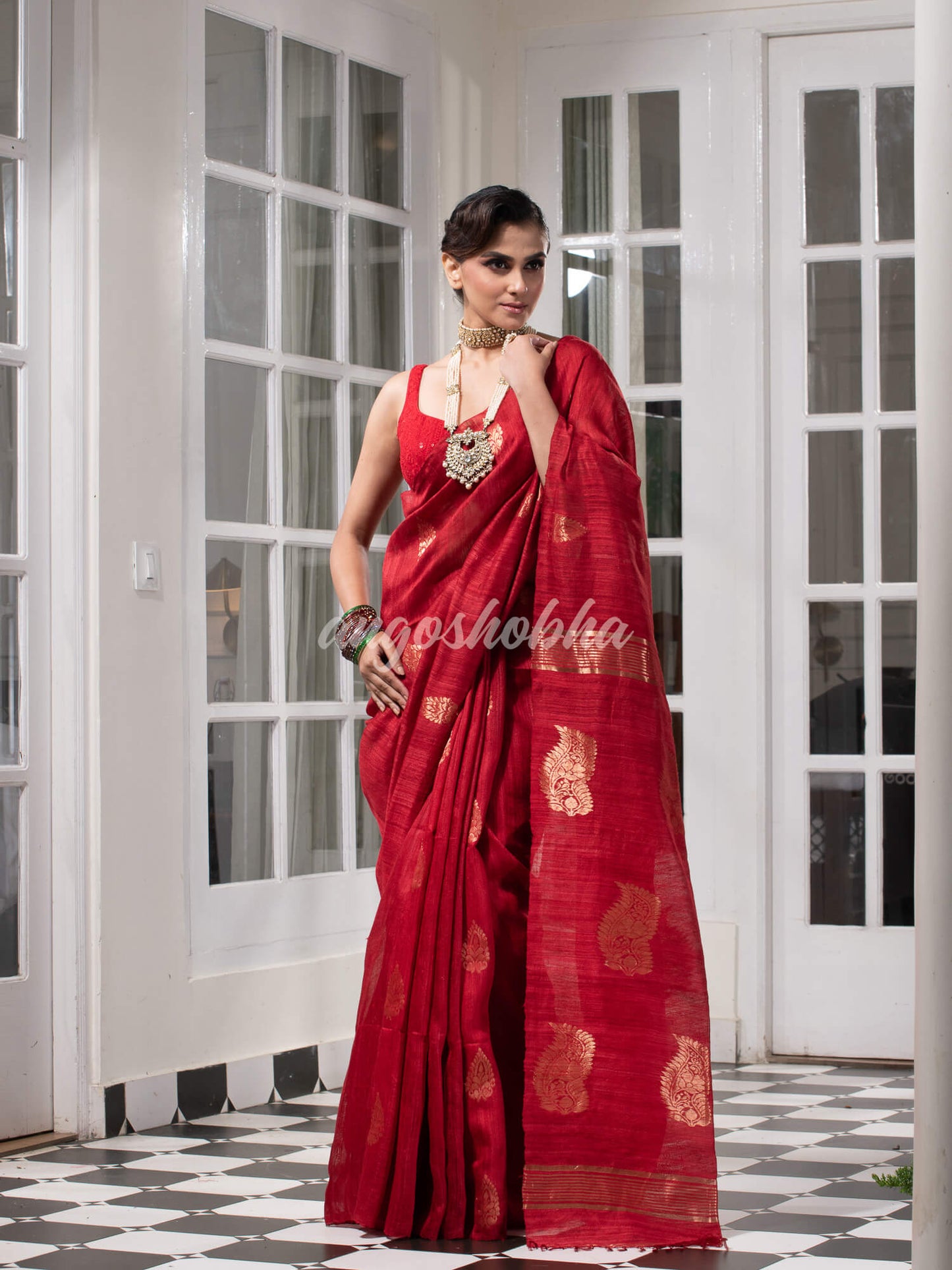 Maroon Matka Body with Golden Motifs & Kolka Pallu Handwoven Saree