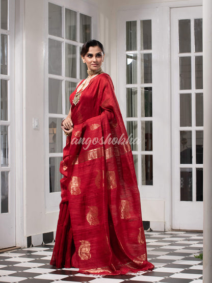 Maroon Matka Body with Golden Motifs & Kolka Pallu Handwoven Saree
