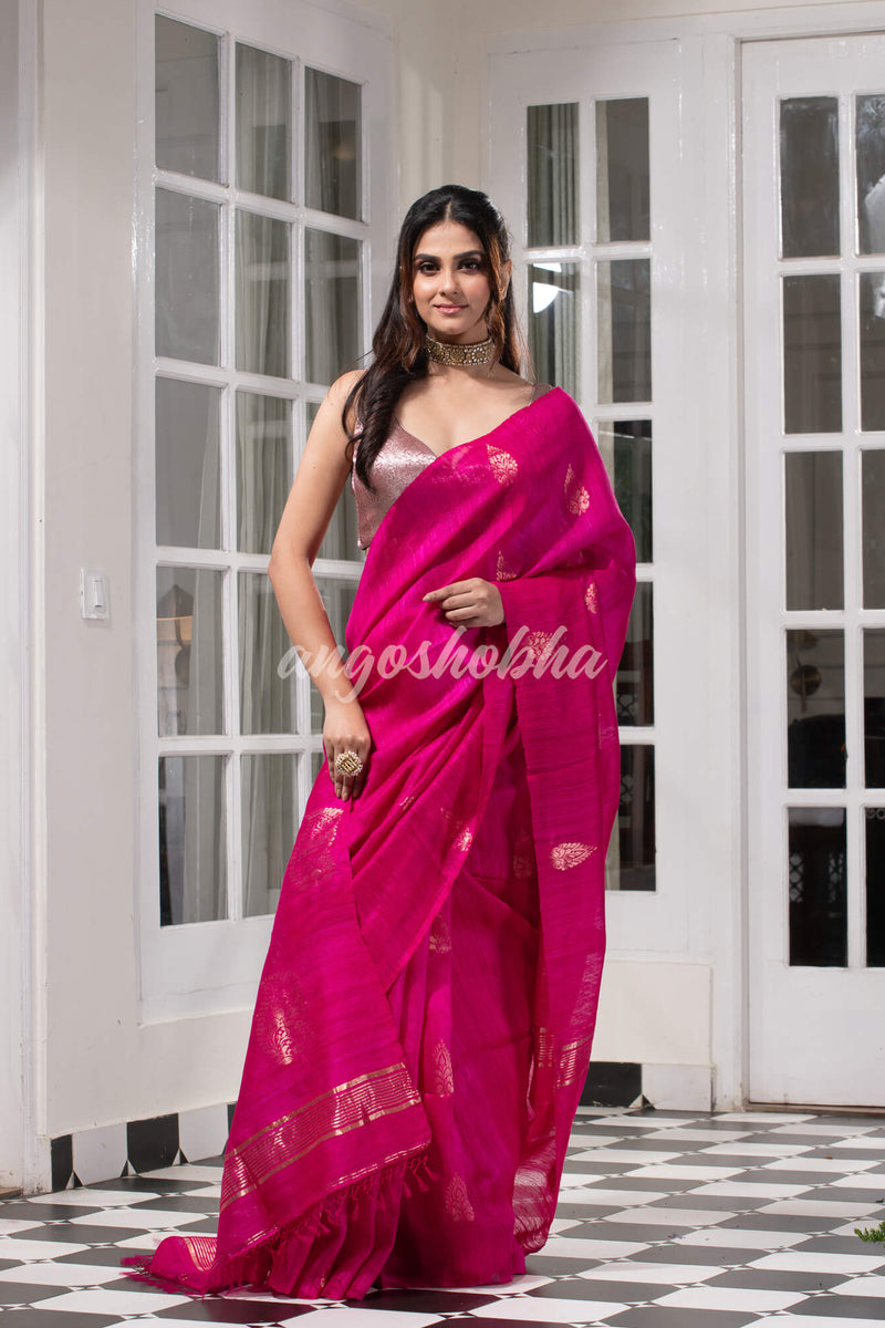 Pink  Matka Body with Golden Motifs & Kolka Pallu Handwoven Saree