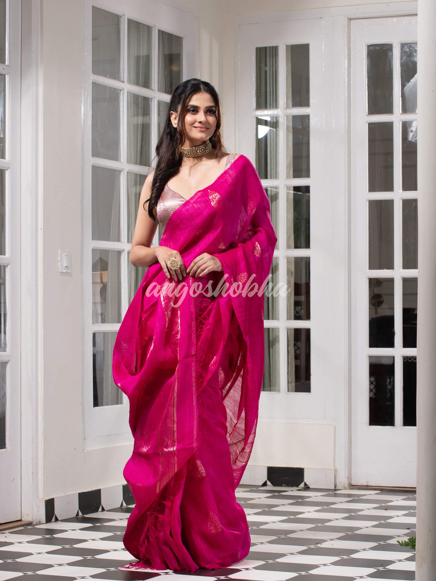 Pink  Matka Body with Golden Motifs & Kolka Pallu Handwoven Saree