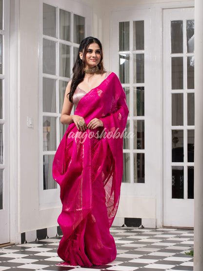 Pink  Matka Body with Golden Motifs & Kolka Pallu Handwoven Saree