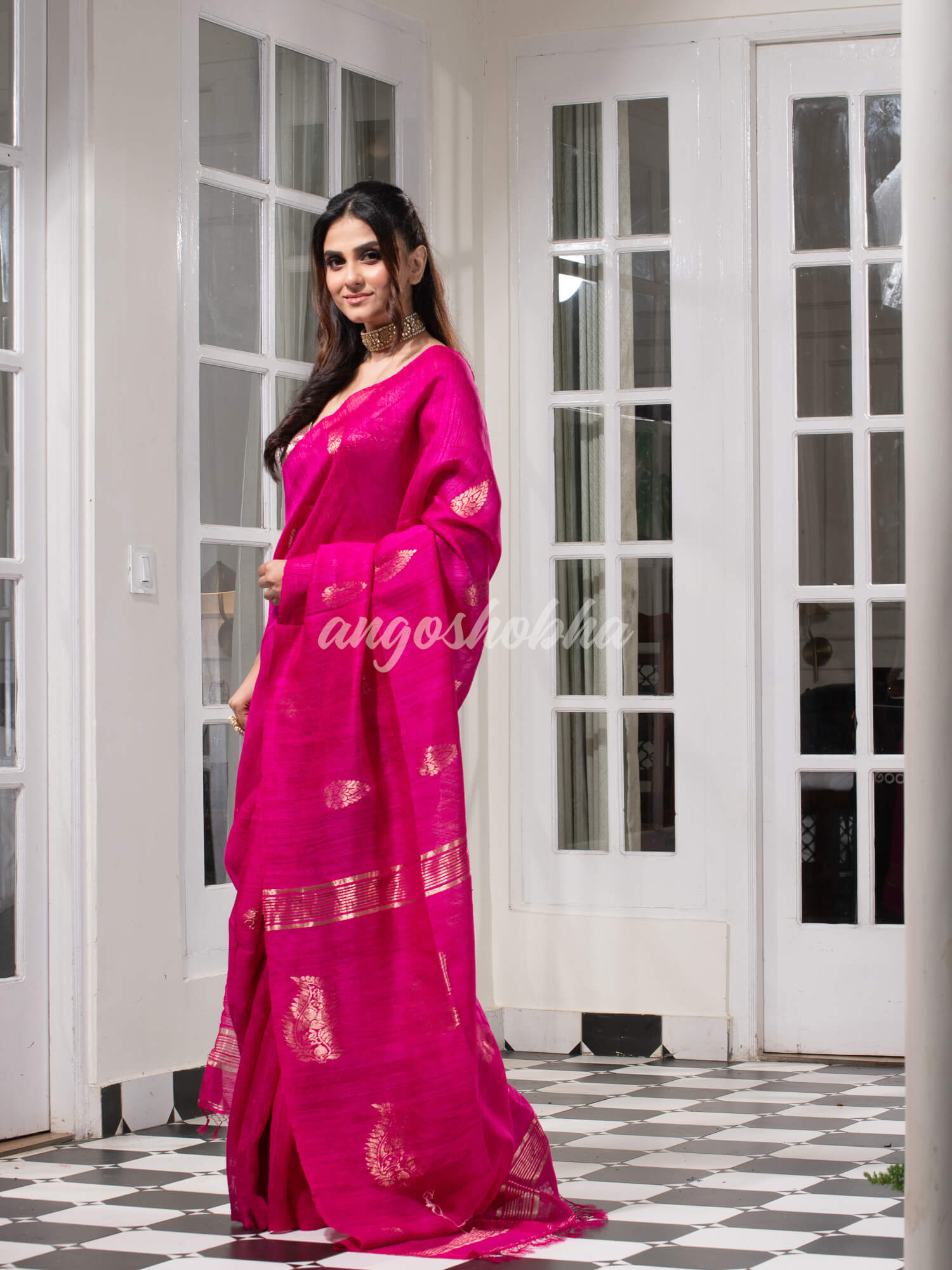 Pink  Matka Body with Golden Motifs & Kolka Pallu Handwoven Saree