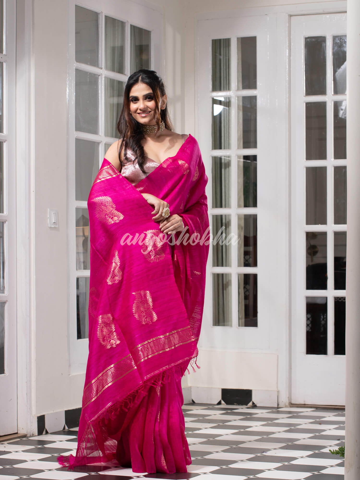 Pink  Matka Body with Golden Motifs & Kolka Pallu Handwoven Saree