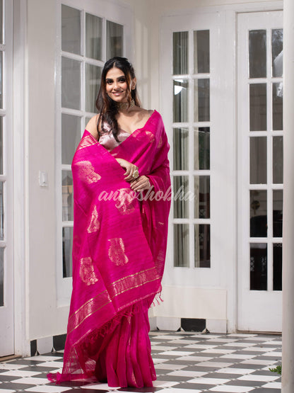 Pink  Matka Body with Golden Motifs & Kolka Pallu Handwoven Saree