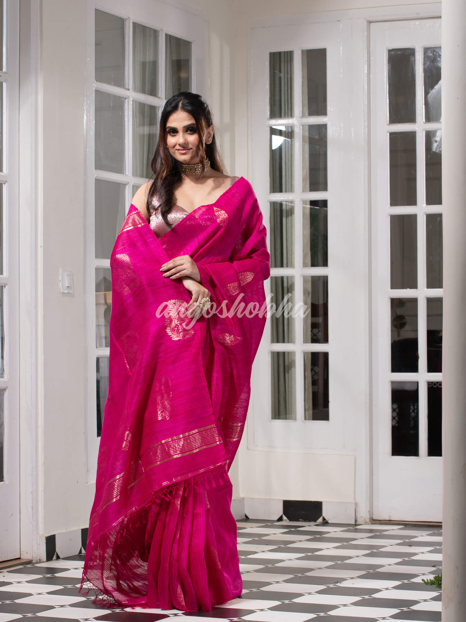 Pink  Matka Body with Golden Motifs & Kolka Pallu Handwoven Saree